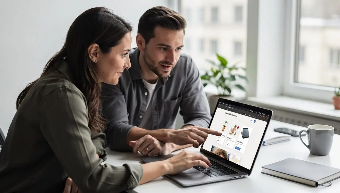small business owner reviewing website with developer